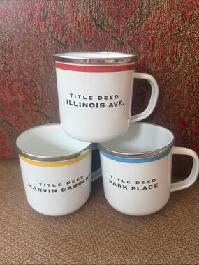 Monopoly Hasbro Mugs Porcelain Enamel Ware Set of 3 Title Deeds